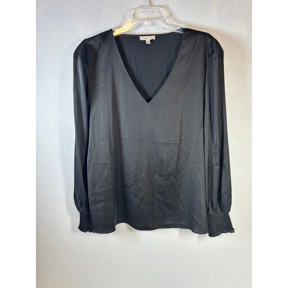 Alex & Lili Womens Black Satin V-Neck Smocked Cuff Long Sleeve Blouse XL